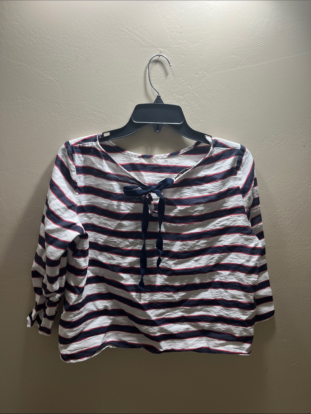 Striped Tie-Front Boatneck Blouse in White, Navy & Red